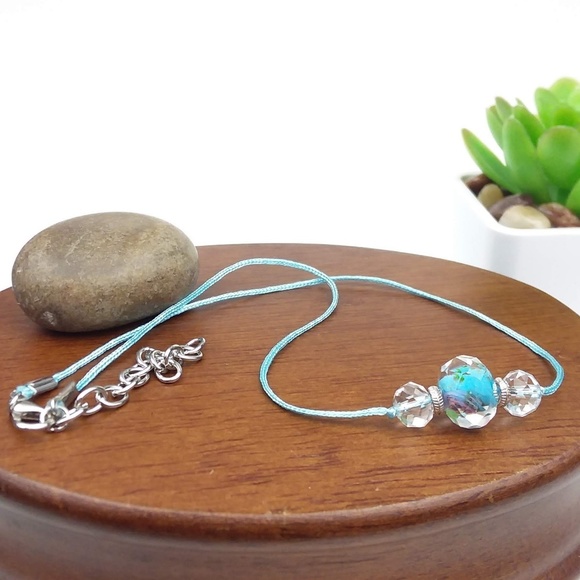Jewelry - Floral Bead Blue Cord Choker Necklace